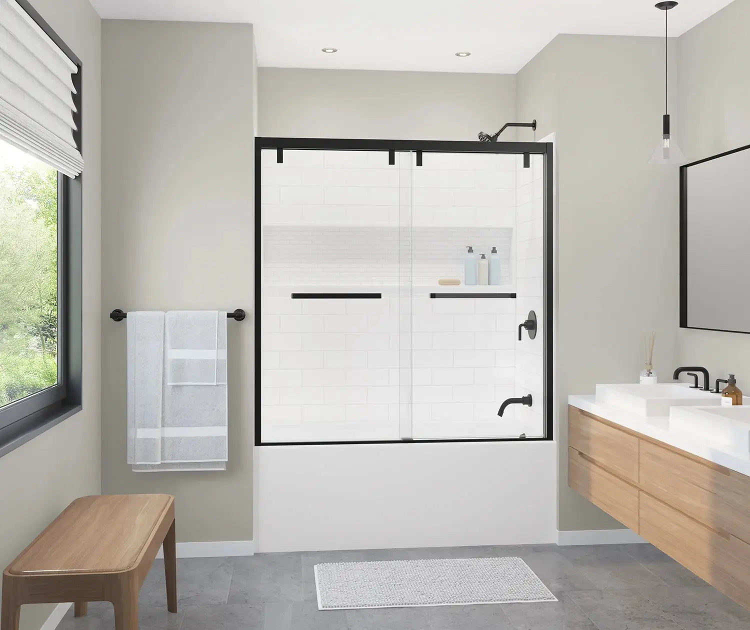 A bathroom featuring a shower and sink, showcasing modern design elements. MAAX NexTile Reviews included for reference.