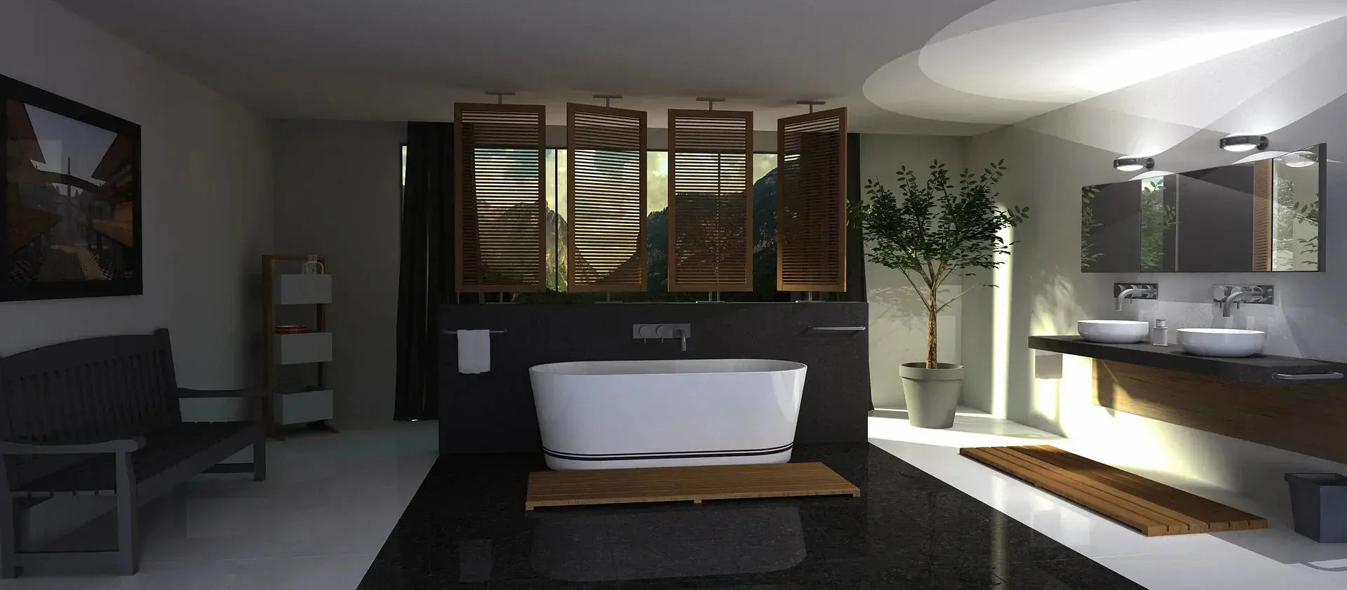 A stylish bathroom featuring a bathtub and sink, showcasing elegant fixtures by Delta Faucet for a modern touch.