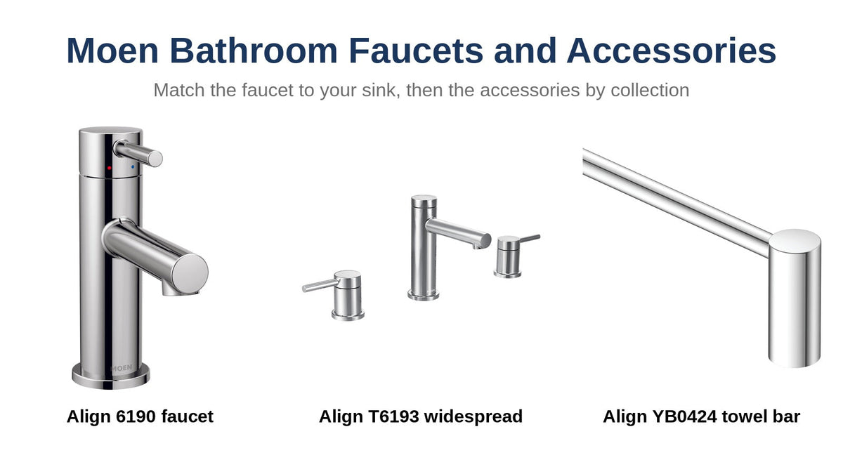 Moen Align 6190 bathroom faucet, Align T6193 widespread faucet and Align YB0424 towel bar
