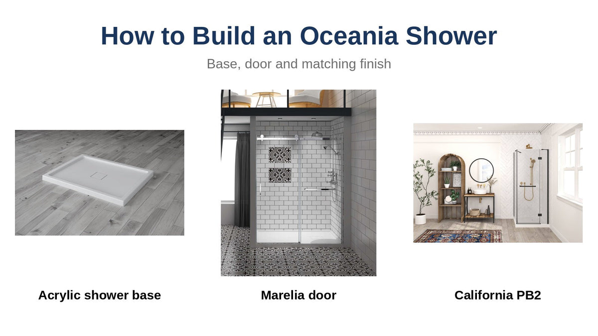 Oceania acrylic shower base, Marelia sliding shower door and California PB2 corner shower door