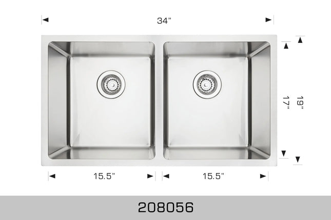 Bosco Super Series 34" x 19" Double Bowl Kitchen Sink Radius Corner 208056 - Plumbing Market