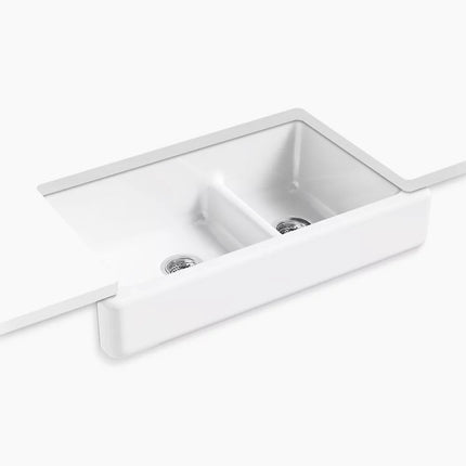 Kohler Whitehaven Smart Divide 35-1/2" undermount double-bowl farmhouse kitchen sink with short apron K-6426-0 - Plumbing Market