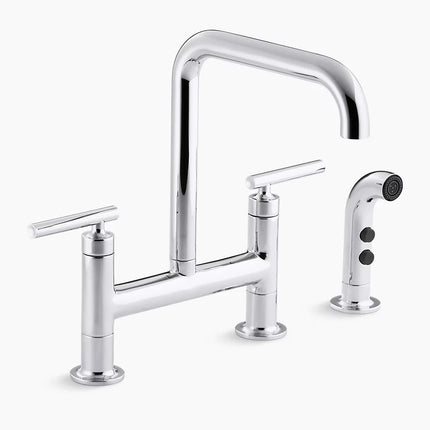 Kohler Purist Two-hole bridge kitchen sink faucet with side sprayer K-7548-4-CP - Plumbing Market