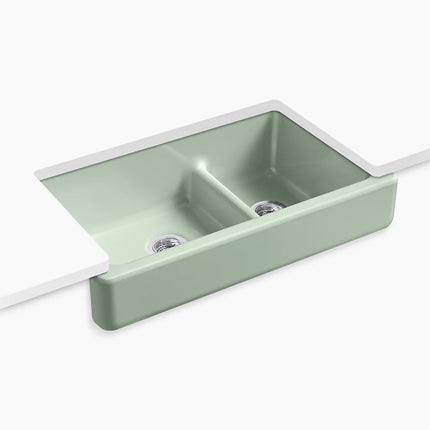 Kohler Whitehaven Smart Divide 35-1/2" undermount double-bowl farmhouse kitchen sink with short apron K-6426-42 - Plumbing Market