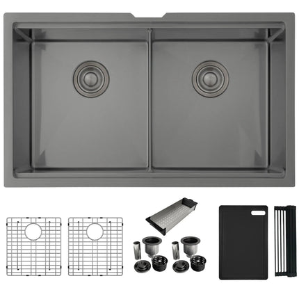 Stylish Undermount 32 inch Graphite Black Stainless Steel Double Bowl Workstation Sink with Black Accesories - Plumbing Market