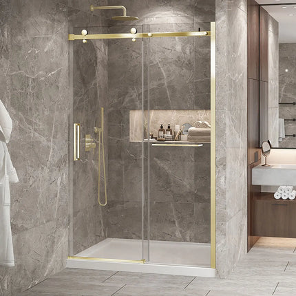 Zitta Shower door Bellini 2.0 in alcove, 54", towel bar inlcuded, sliding door, brushed gold frame and clear glass, Zitta collection DB25400ASTC51 - Plumbing Market