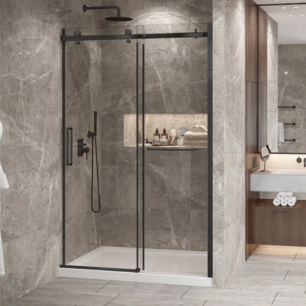 Zitta Shower door Bellini 2.0 in alcove, 54", towel bar inlcuded, sliding door, matte black frame and clear glass, Zitta collection DB25400ASTC71 - Plumbing Market