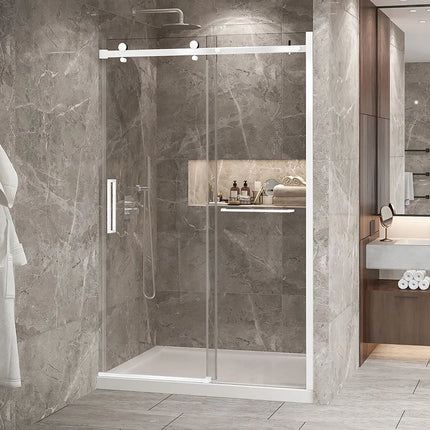 Zitta Shower door Bellini 2.0 in alcove, 54", towel bar inlcuded, sliding door, matte white frame and clear glass, Zitta collection DB25400ASTC11 - Plumbing Market