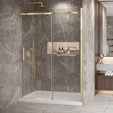 Zitta Shower door Bellini 2.0 in alcove, 60", towel bar included, sliding door, brushed gold frame and clear glass, Zitta collection DB26000ASTC51 - Plumbing Market