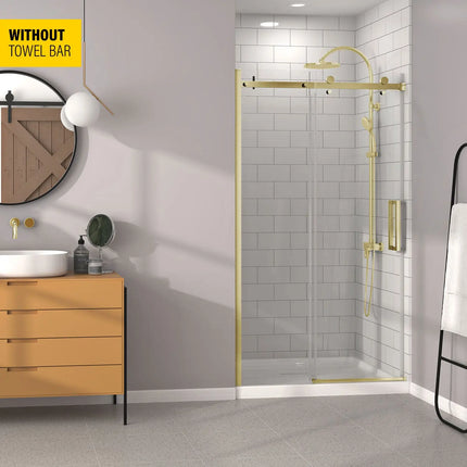 Zitta Shower door Bellini in alcove, 48", without towel bar, sliding door, brushed gold frame and clear glass, Zitta collection DB14800ASTC51 - Plumbing Market