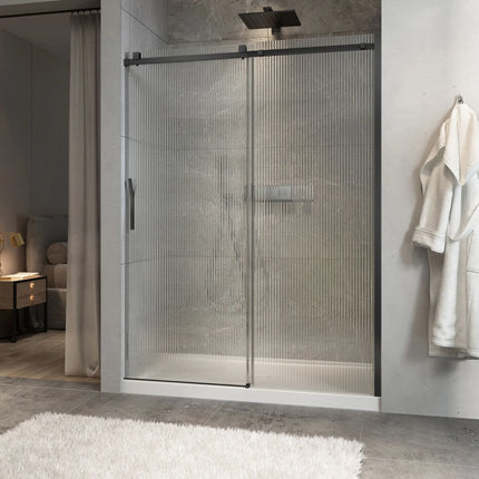 Zitta Shower door Minia alcove, 60", sliding, matte black frame and fluted glass, Zitta collection DMN6000ASTG73 - Plumbing Market