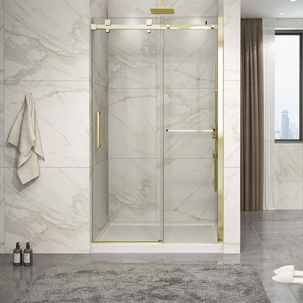 Zitta Shower door Piazza 2.0 in alcove, 48", towel bar inlcuded, sliding door, brushed gold frame and clear glass, Zitta collection DP24800ASTC51 - Plumbing Market
