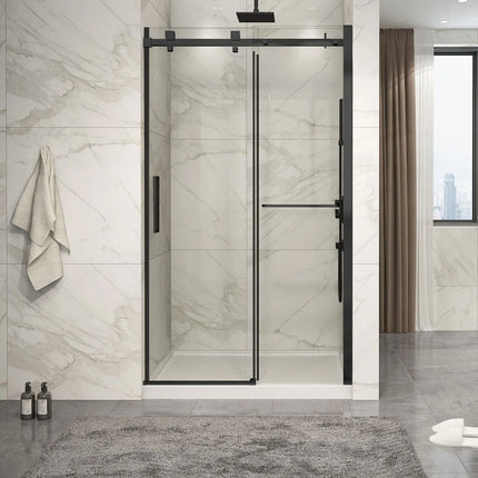 Zitta Shower door Piazza 2.0 in alcove, 48", towel bar inlcuded, sliding door, matte black frame and clear glass, Zitta collection DP24800ASTC71 - Plumbing Market