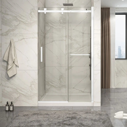 Zitta Shower door Piazza 2.0 in alcove, 48", towel bar inlcuded, sliding door, matte white frame and clear glass, Zitta collection DP24800ASTC11 - Plumbing Market