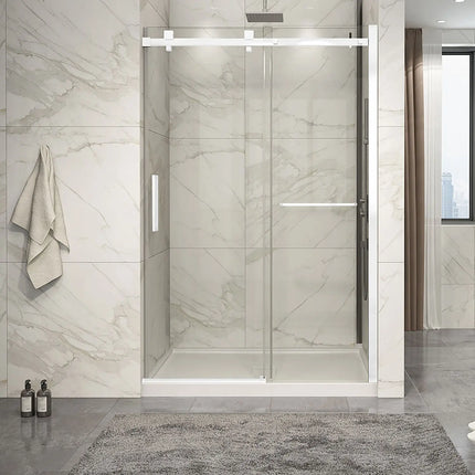 Zitta Shower door Piazza 2.0 in alcove, 54", towel bar inlcuded, sliding door, matte white frame and clear glass, Zitta collection DP25400ASTC11 - Plumbing Market