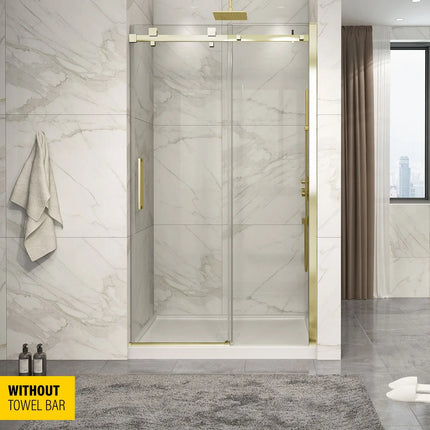 Zitta Shower door Piazza in alcove, 48", without towel bar, sliding door, brushed gold frame and clear glass, Zitta collection DP14800ASTC51 - Plumbing Market