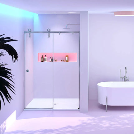 Zitta Shower door Tron alcove, 48", sliding, brushed stainless steel frame and clear glass, Slik Portfolio collection DTO4800ASTC61 - Plumbing Market