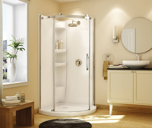 Maax Olympia Round - Right Opening 36 x 36 Acrylic Right-Hand Drain Shower Kit in White with Clear glass in Chrome 105960-000-001-102 - Plumbing Market