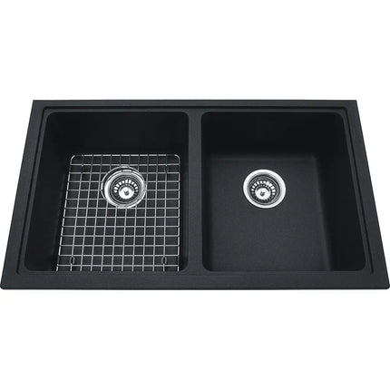 Kindred Mythos 31.56" x 18.13" Granite Double Bowl Equal Undermount Kitchen Sink With Bottom Grid and Waste Fittings Onyx KGD1U-8ON Kindred