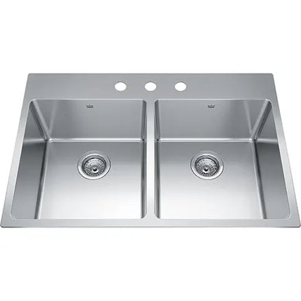 Kindred Brookmore 32.87" x 22" Drop in Double Bowl 3 Faucet Hole Stainless Steel Kitchen Sink BDL2233-9-3 Kindred