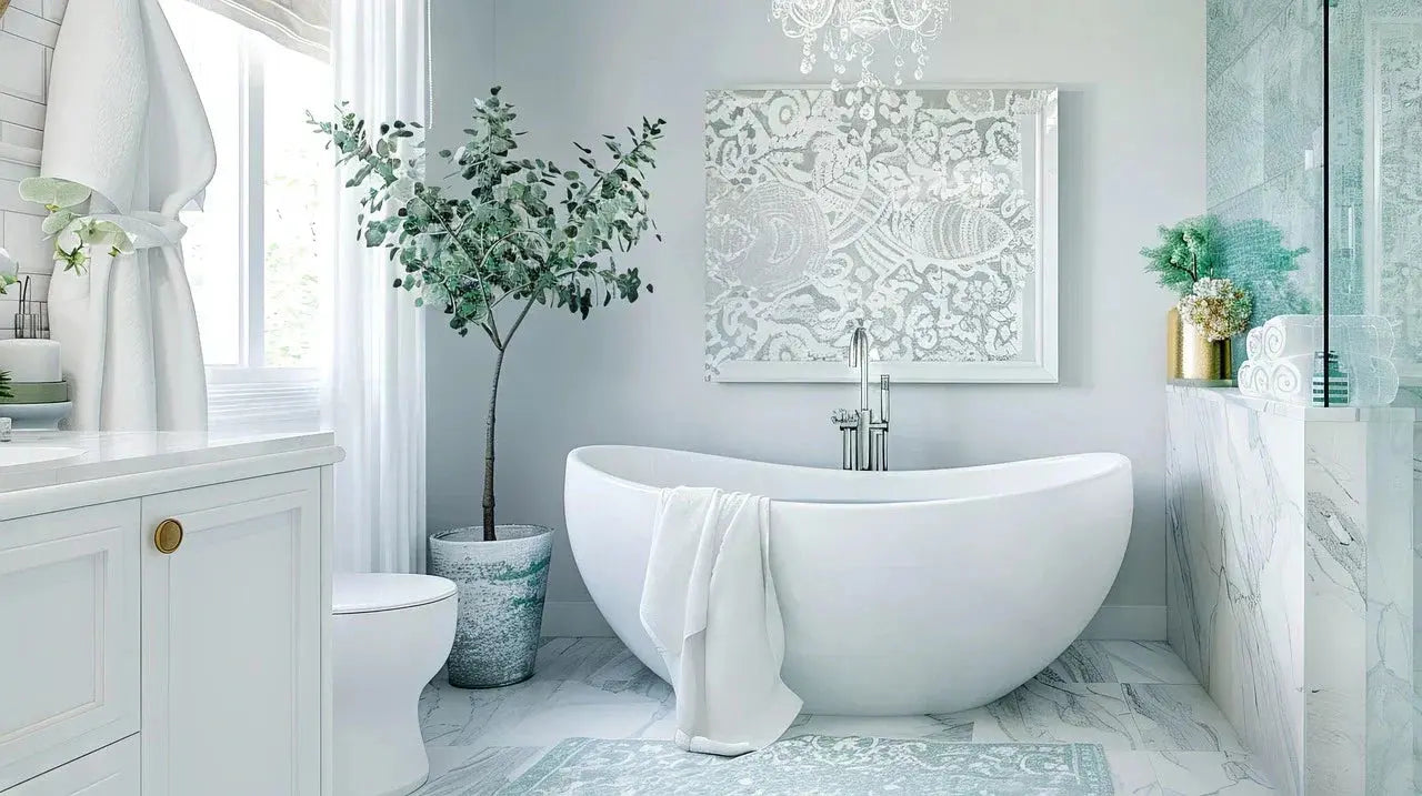 A bright white bathroom featuring a spacious tub beneath an elegant chandelier, creating a luxurious atmosphere.