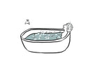 A cartoon illustration of an individual enjoying a relaxing bath, surrounded by bubbles and bath accessories.