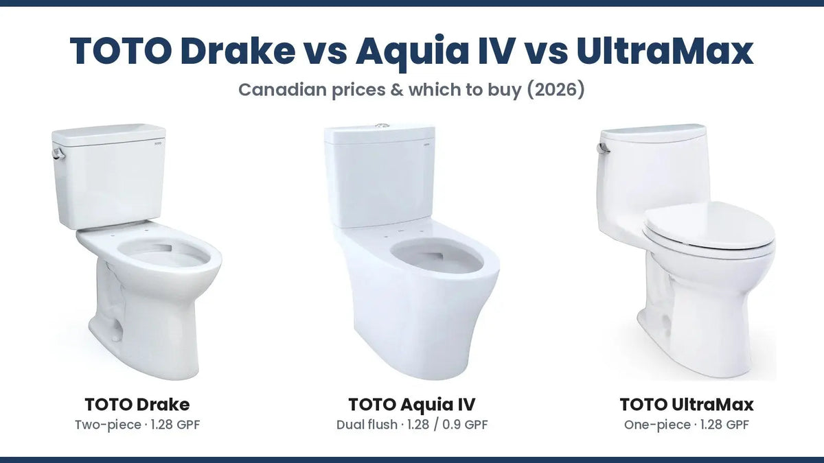 TOTO Drake two-piece, Aquia IV dual flush and UltraMax one-piece toilets compared