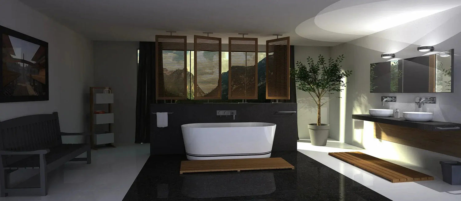 A stylish bathroom featuring a bathtub and sink, showcasing elegant fixtures by Delta Faucet for a modern touch.