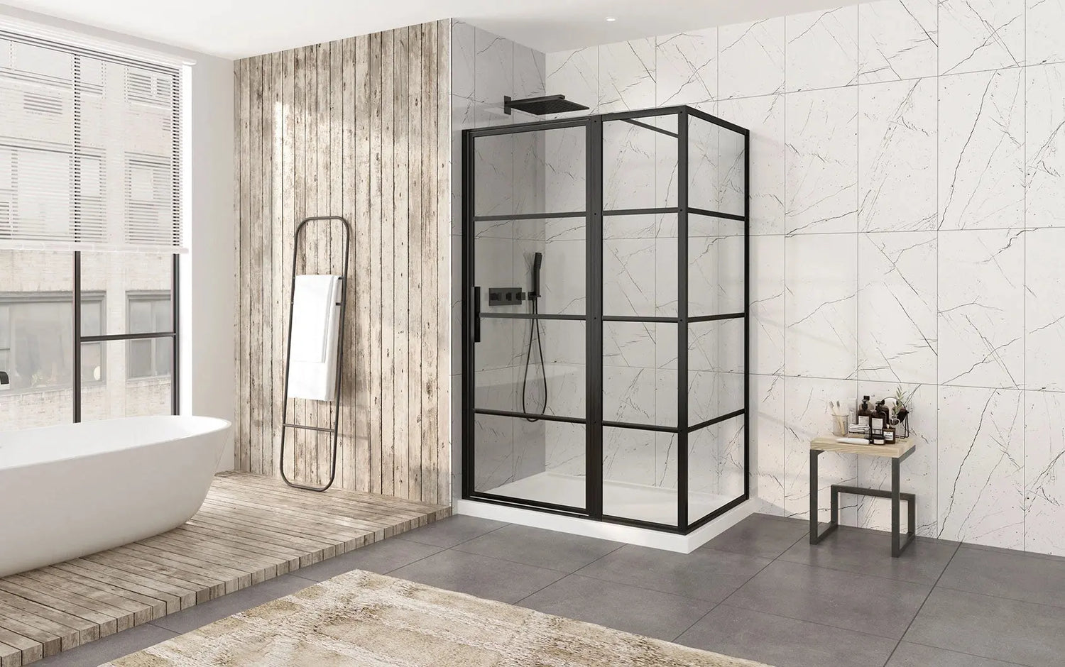 A modern bathroom featuring a black-framed glass shower enclosure with a grid design