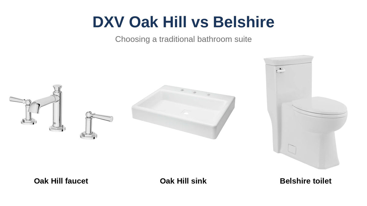 DXV Oak Hill widespread faucet, Oak Hill fireclay sink and Belshire one-piece toilet