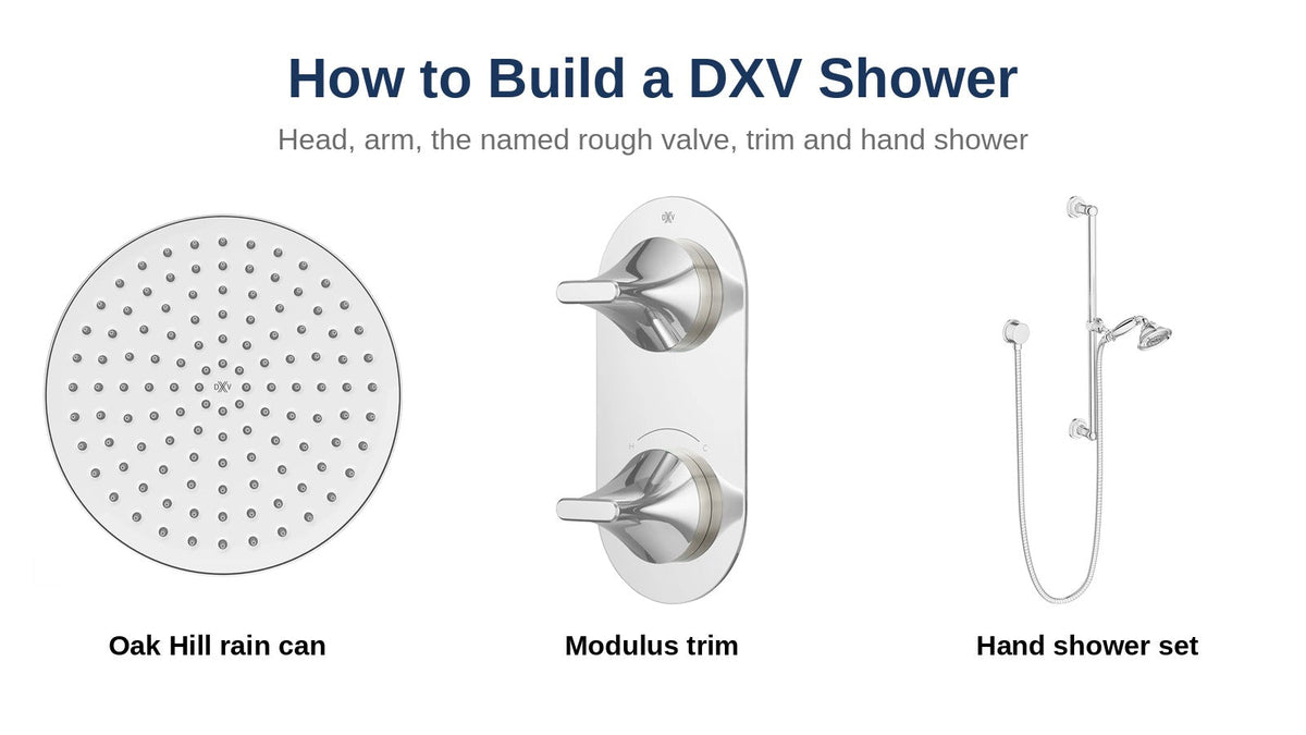 DXV Oak Hill rain can showerhead, Modulus thermostatic trim and hand shower set