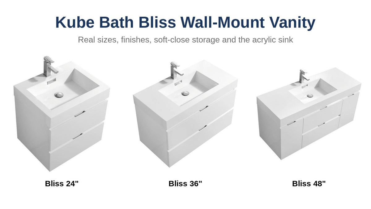Kube Bath Bliss 24, 36 and 48 inch wall-mount vanities with acrylic sinks