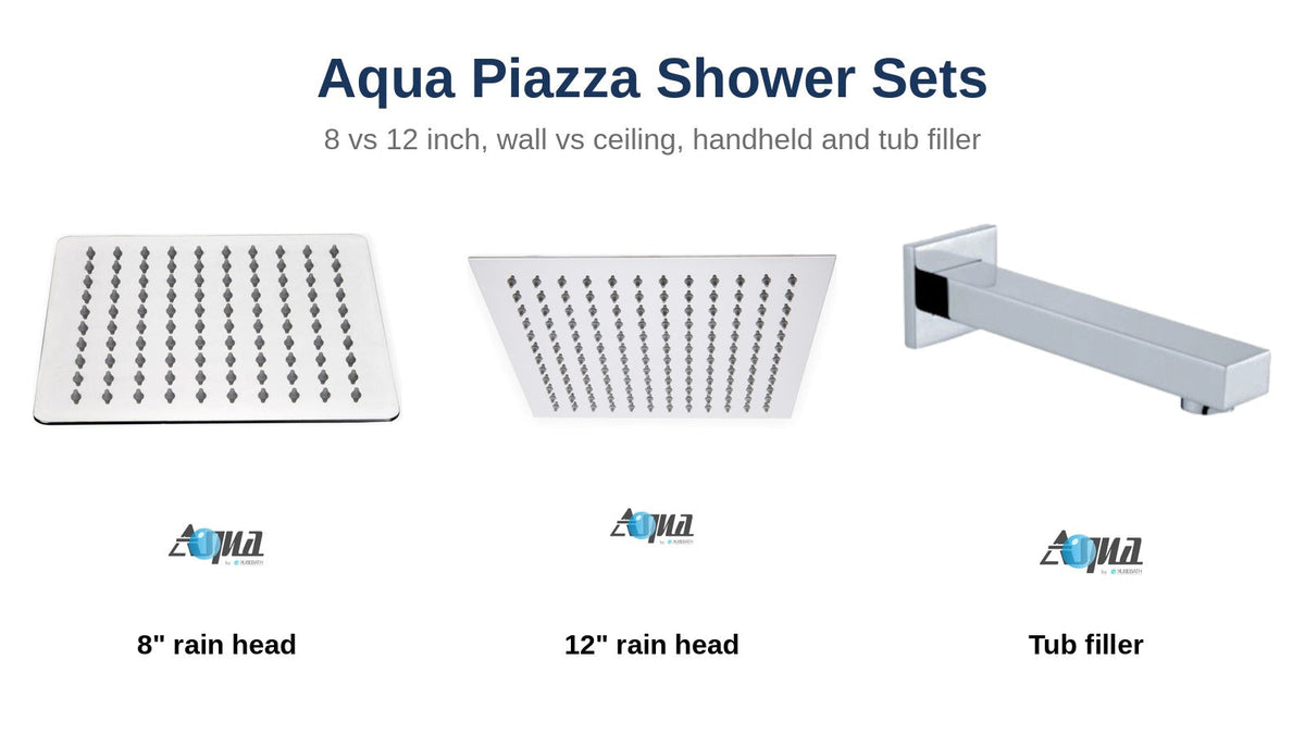 Kube Bath Aqua Piazza 8 inch and 12 inch square rain shower heads and tub filler spout