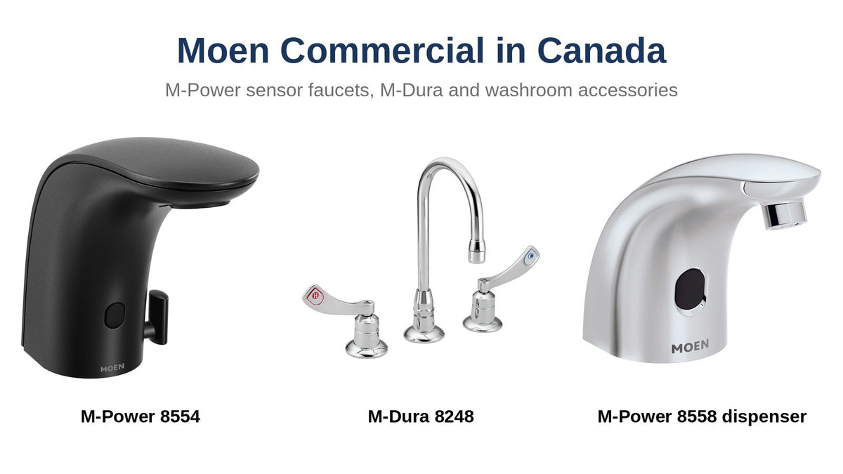 Moen M-Power 8554 sensor faucet, M-Dura 8248 two-handle lavatory faucet and M-Power 8558 soap dispenser