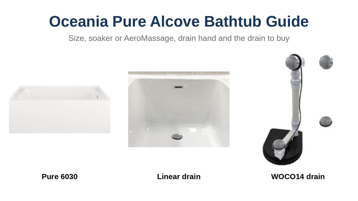Oceania Pure 6030 alcove bathtub with linear and WOCO14 drain and overflow