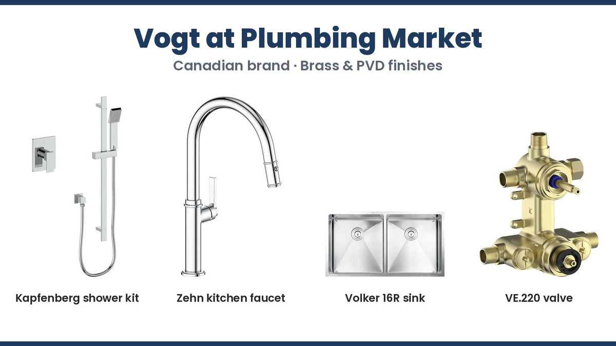 Vogt Kapfenberg shower kit, Zehn kitchen faucet, Volker 16R stainless sink and VE.220 valve
