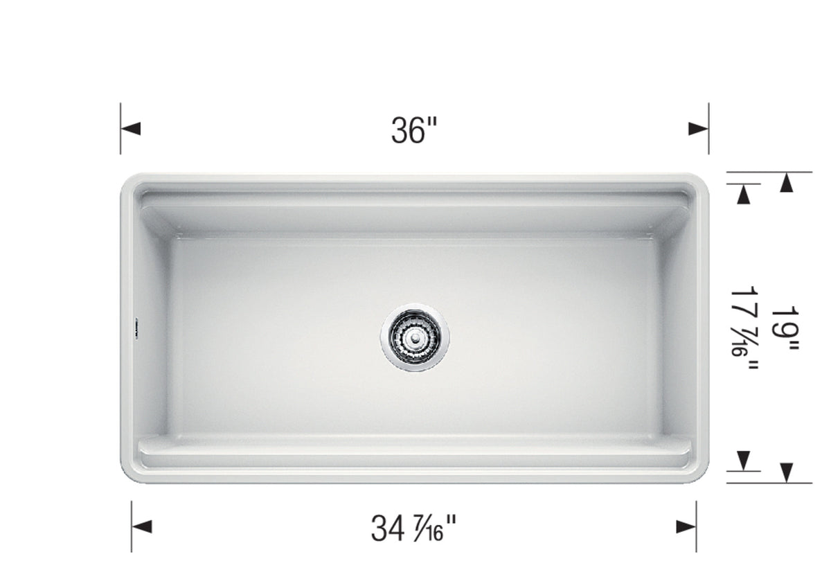 Blanco Profina 36" Apron Front Ceramic Kitchen Sink dimension drawing