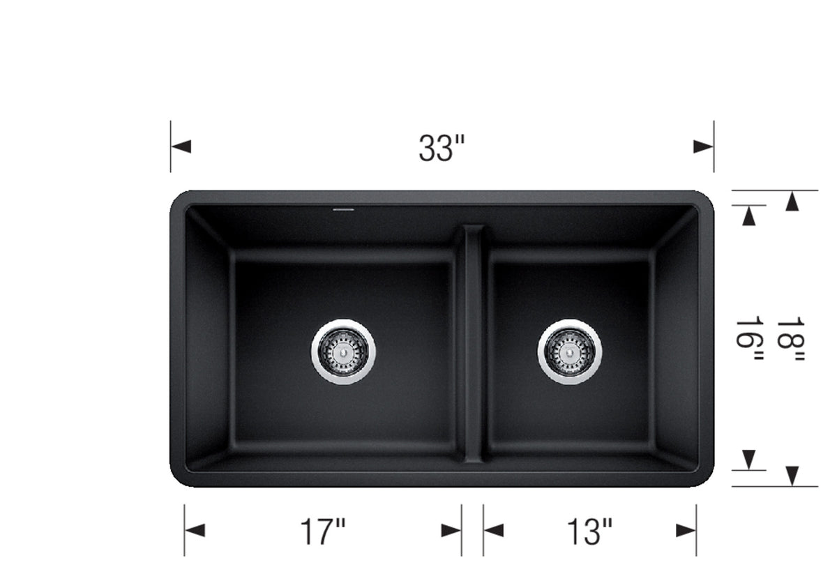 Blanco Precis U 1¾ Low Divide 33" Undermount SILGRANIT Kitchen Sink dimension drawing