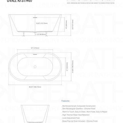 Kube Bath Ovale 67" White Free Standing Bathtub Kube Bath