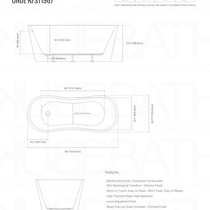 Kube Bath Onde 66" Free Standing Bathtub Kube Bath