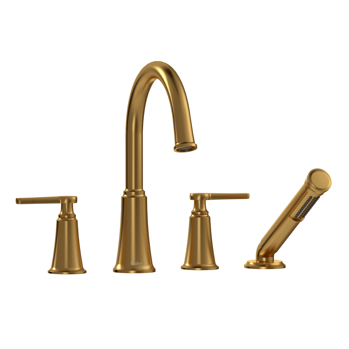 Riobel Momenti 4-Hole Deck-Mount Tub Filler with C-Spout & Hand Shower - Brushed Gold (MMRD12JBG)
