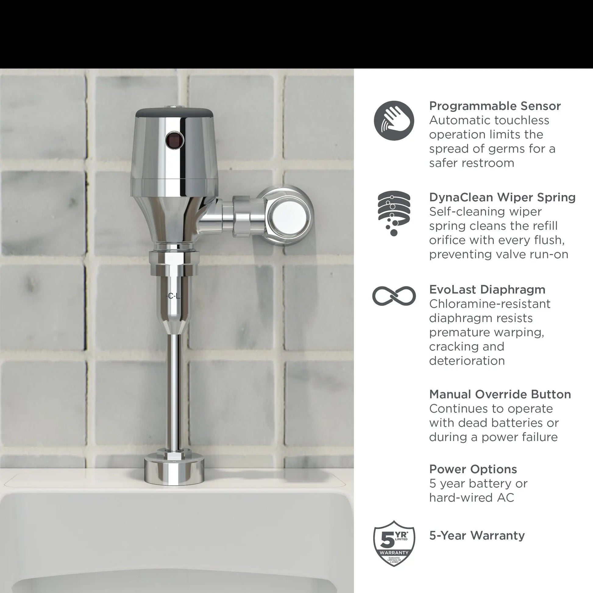 American Standard Ultima Selectronic Exposed Urinal Flush Valve, Diaphragm Type, Battery, 0.5 gpf/1.9 Lpf 6245051.002 - Plumbing Market