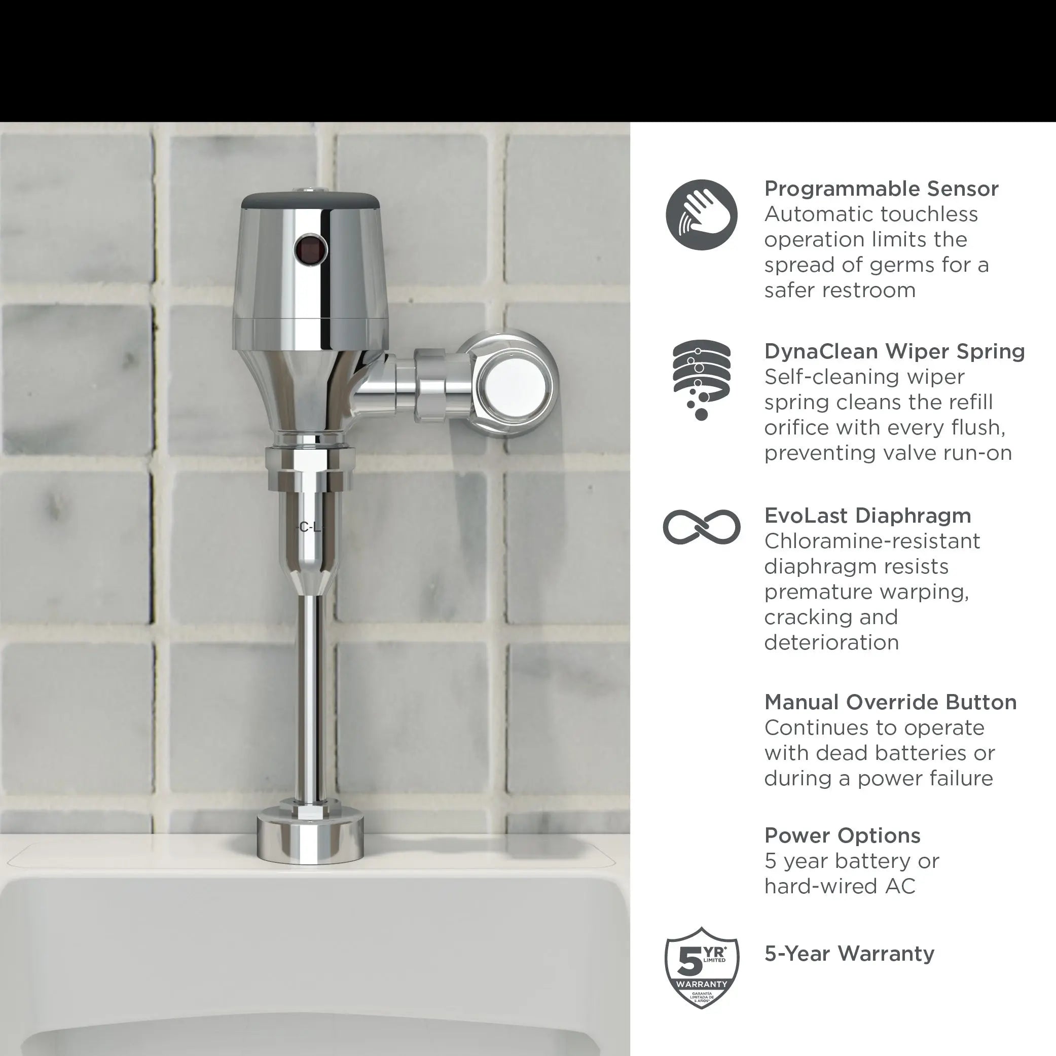 American Standard Ultima Selectronic Exposed Urinal Flush Valve, Diaphragm Type, Battery, 0.5 gpf/1.9 Lpf 6245051.002 - Plumbing Market