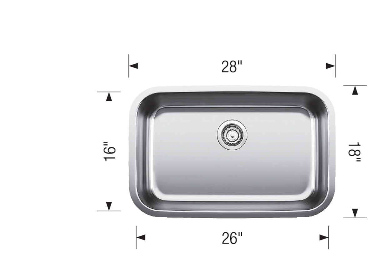 Blanco Stellar U Super Single 28" Undermount Stainless Steel Kitchen Sink dimension drawing