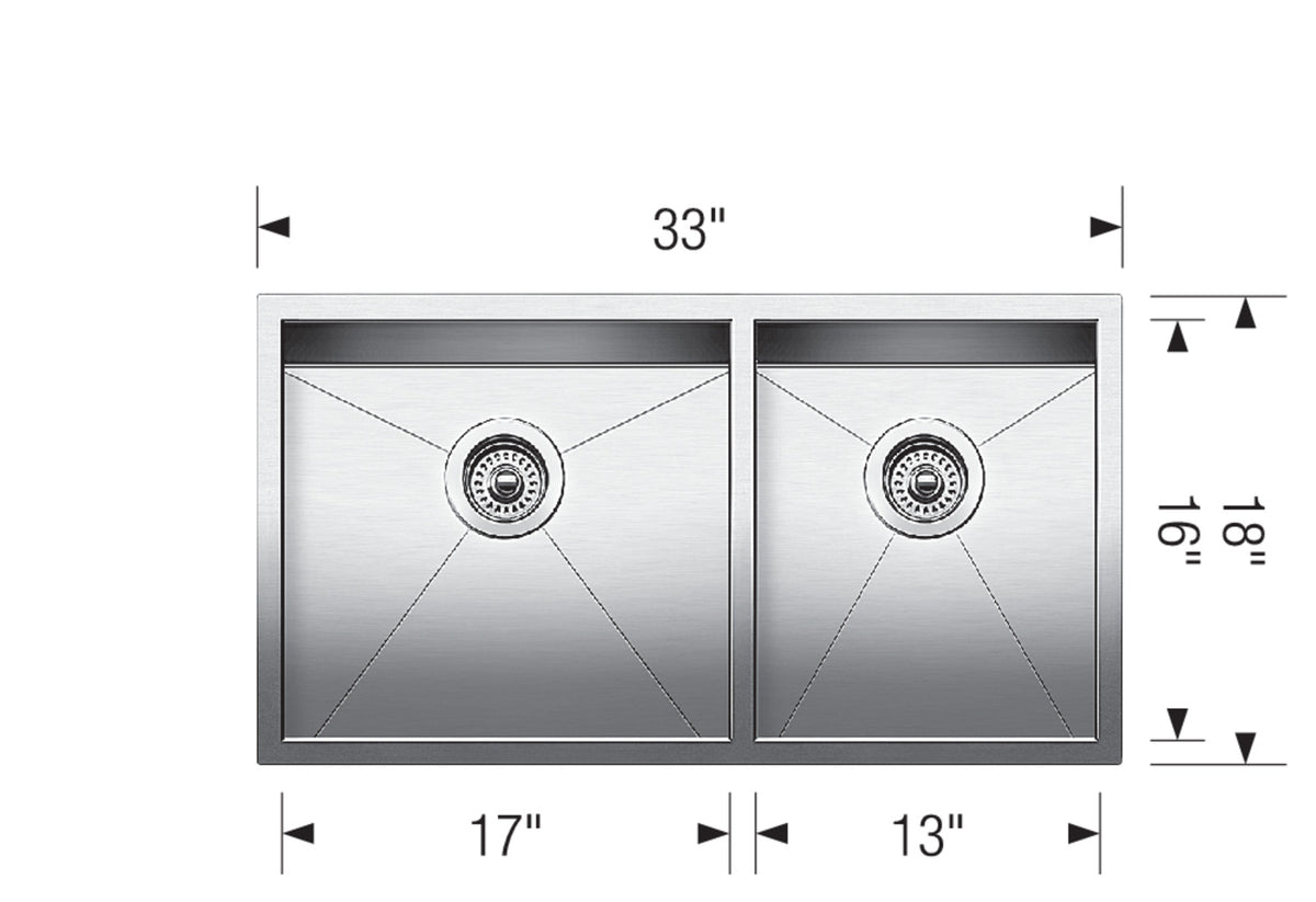 Blanco Quatrus U 1¾ 33" Undermount Stainless Steel Kitchen Sink dimension drawing