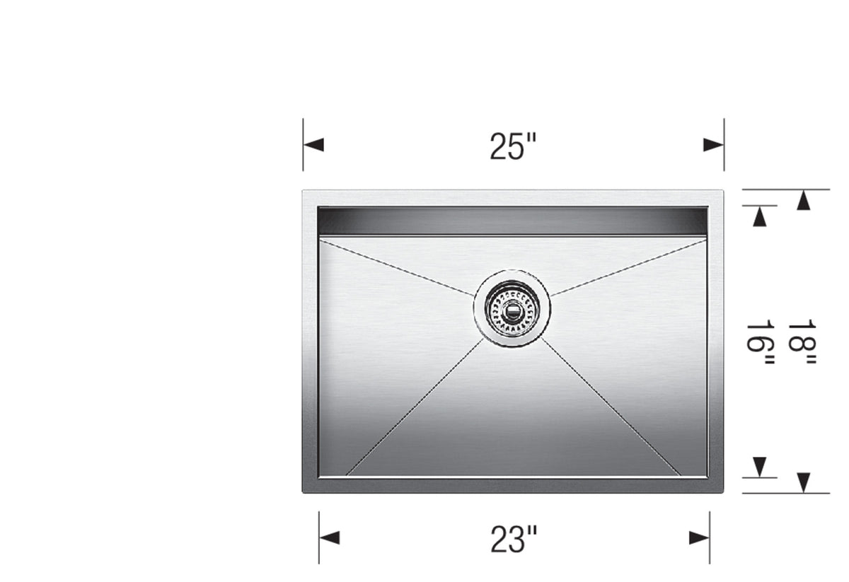 Blanco Quatrus U 1 Medium 25" Undermount Stainless Steel Kitchen Sink dimension drawing