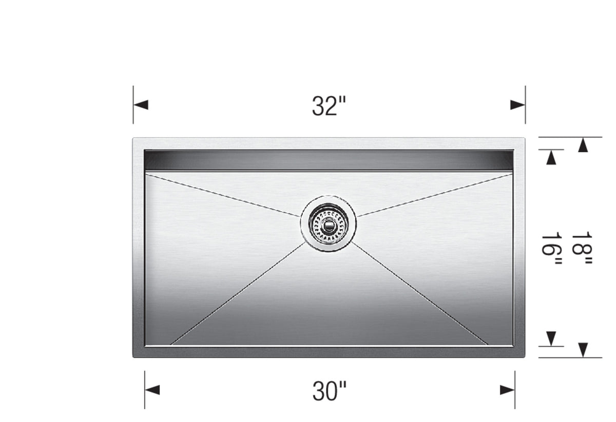 Blanco Quatrus U 1 Super Single 32" Undermount Stainless Steel Kitchen Sink dimension drawing