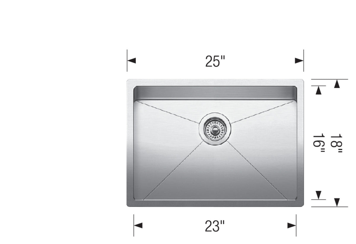Blanco Quatrus R15 U 1 Medium 25" Undermount Stainless Steel Kitchen Sink dimension drawing