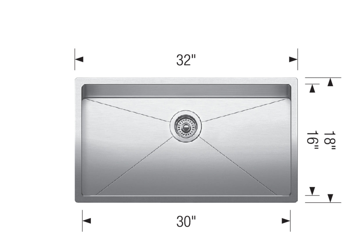 Blanco Quatrus R15 U Super Single 32" Undermount Stainless Steel Kitchen Sink dimension drawing