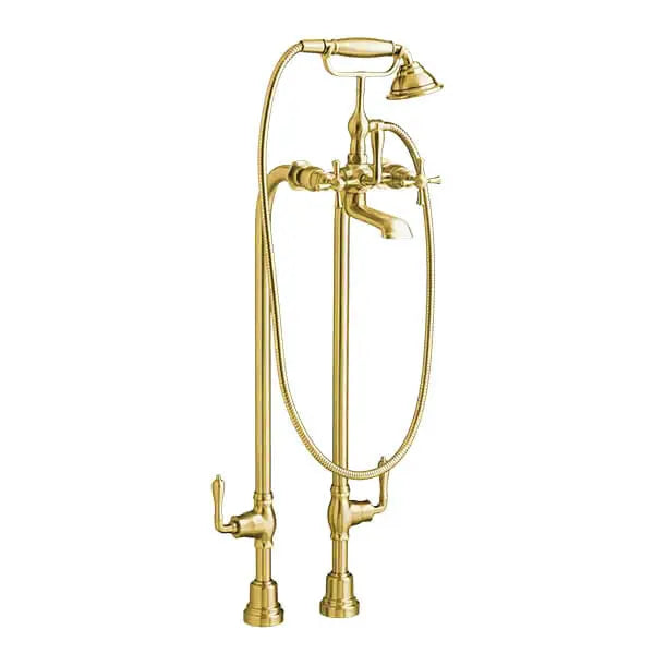 DXV Transitional Floor Mount Bathtub Filler with Hand Shower and Cross Handles in Satin Brass (D3510296C.427)